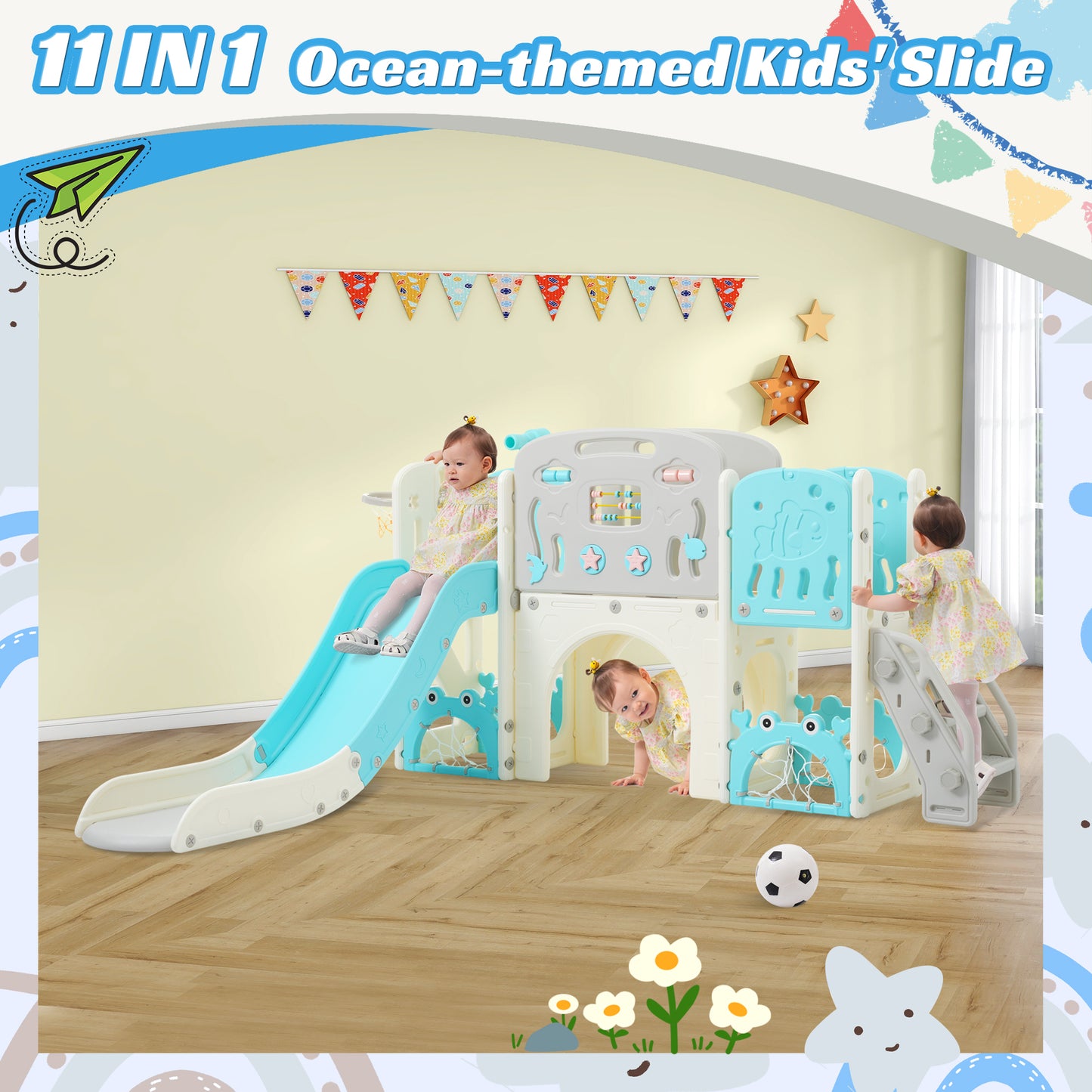 11-in-1 Toddler Slide with Kids Slide Playset Structure, Kids Slide for Toddler Age 1-3 with Basketball Hoop, Arch Tunnel and Telescope, Toy Storage Organizer for Toddlers, Kids Climbers Playground