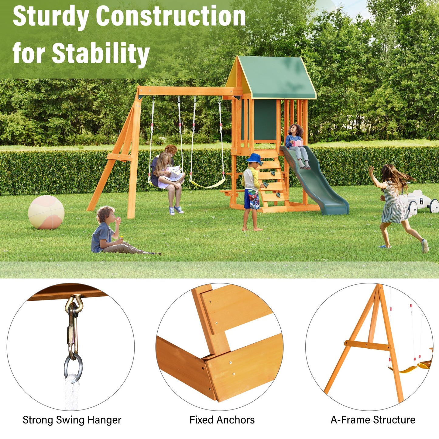 Wooden Outdoor Swing Set, All-in-One Kids Outdoor Play Equipment for Kids Age 3-12 with Wave Slide, 2 Swings, Climbing Wall, Canopy Roof and Ladder, Kids Playground for Backyard, Garden, Park