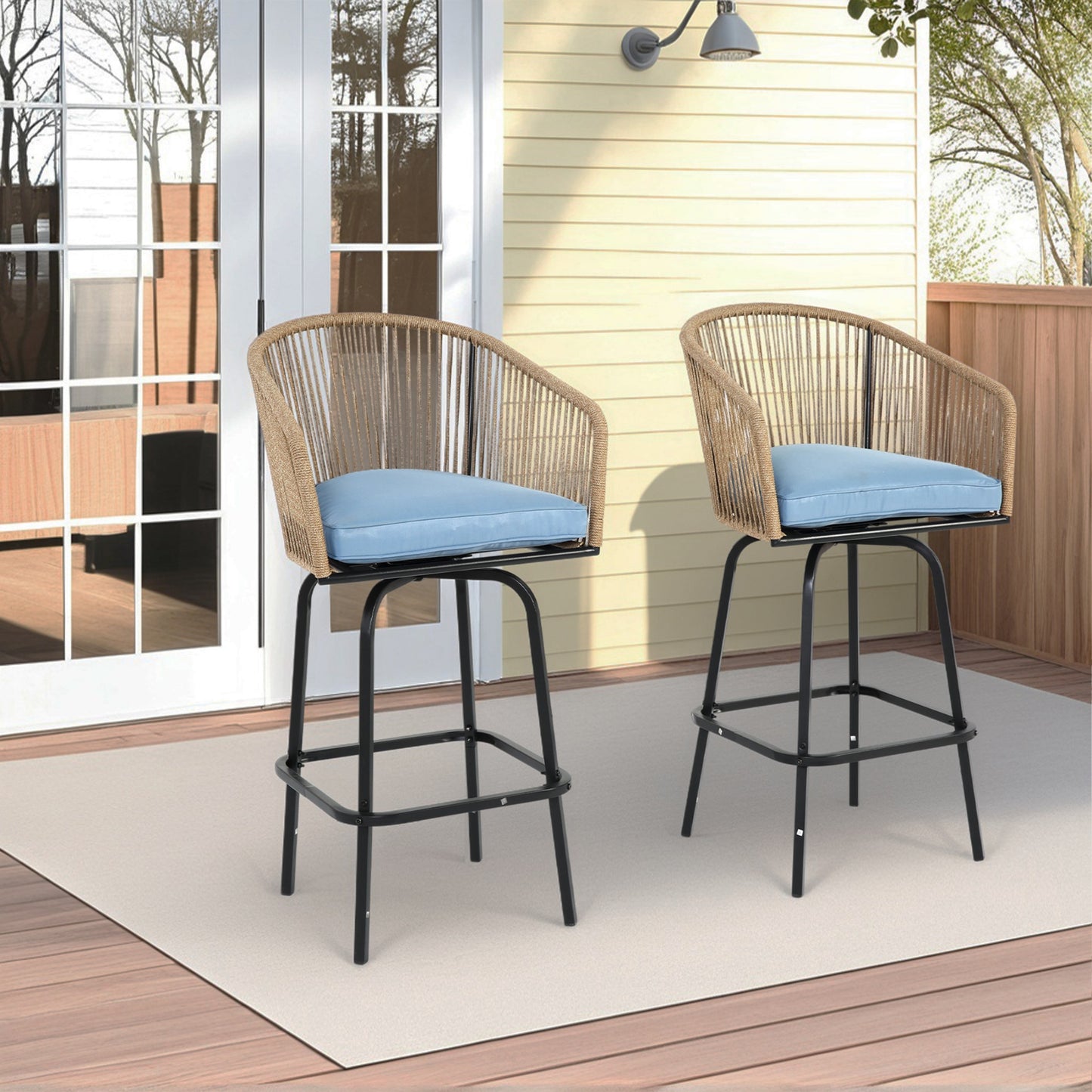 2 Pieces Outdoor Bar Stools, SHINPT Outdoor Patio Chairs Set of 2, Outdoor Counter Height Bar Stools with Armrests, Rattan Bistro Chairs with Backrest, Patio Chairs for Backyard, Garden, Pool
