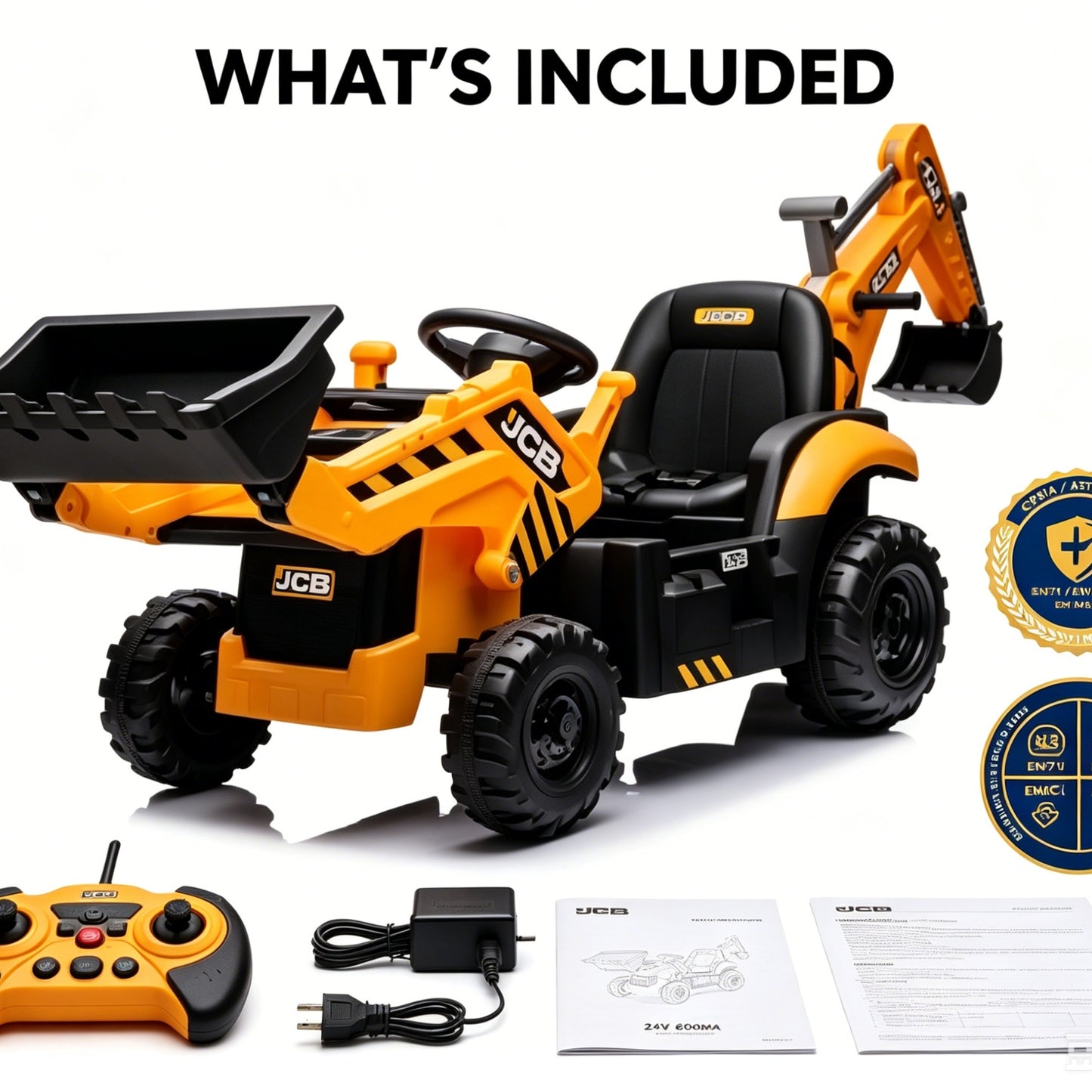 Ride on Excavator, JCB, 24V Dual Motors, SHINPT Digger Ride on Toy, Front Loader & Backhoe, Remote Control Construction Toy, Yellow, for Toddler Boys 3-5 Years Old