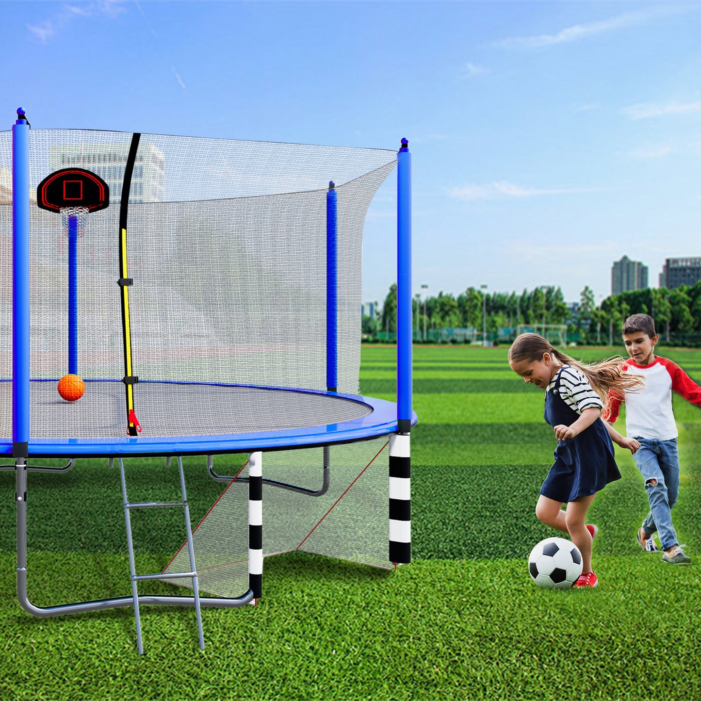 16FT Trampoline with Basketball Hoop, Outdoor Trampoline with Safety Enclosure Net, Recreational Trampoline for Kids and Adults with Soccer Goal, 1000lbs Weight Capatity for Backyard, Patio