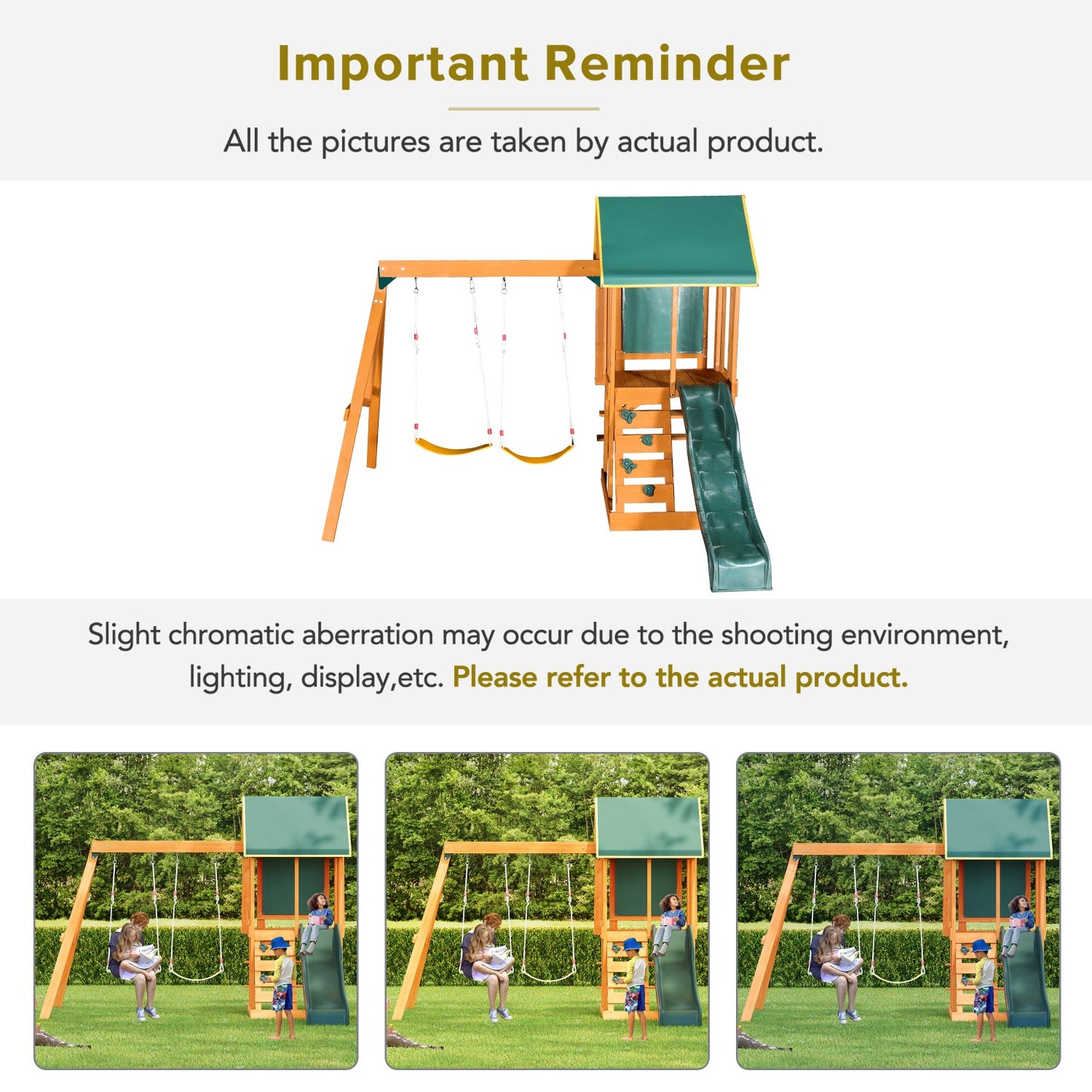 Wooden Outdoor Swing Set, All-in-One Kids Outdoor Play Equipment for Kids Age 3-12 with Wave Slide, 2 Swings, Climbing Wall, Canopy Roof and Ladder, Kids Playground for Backyard, Garden, Park