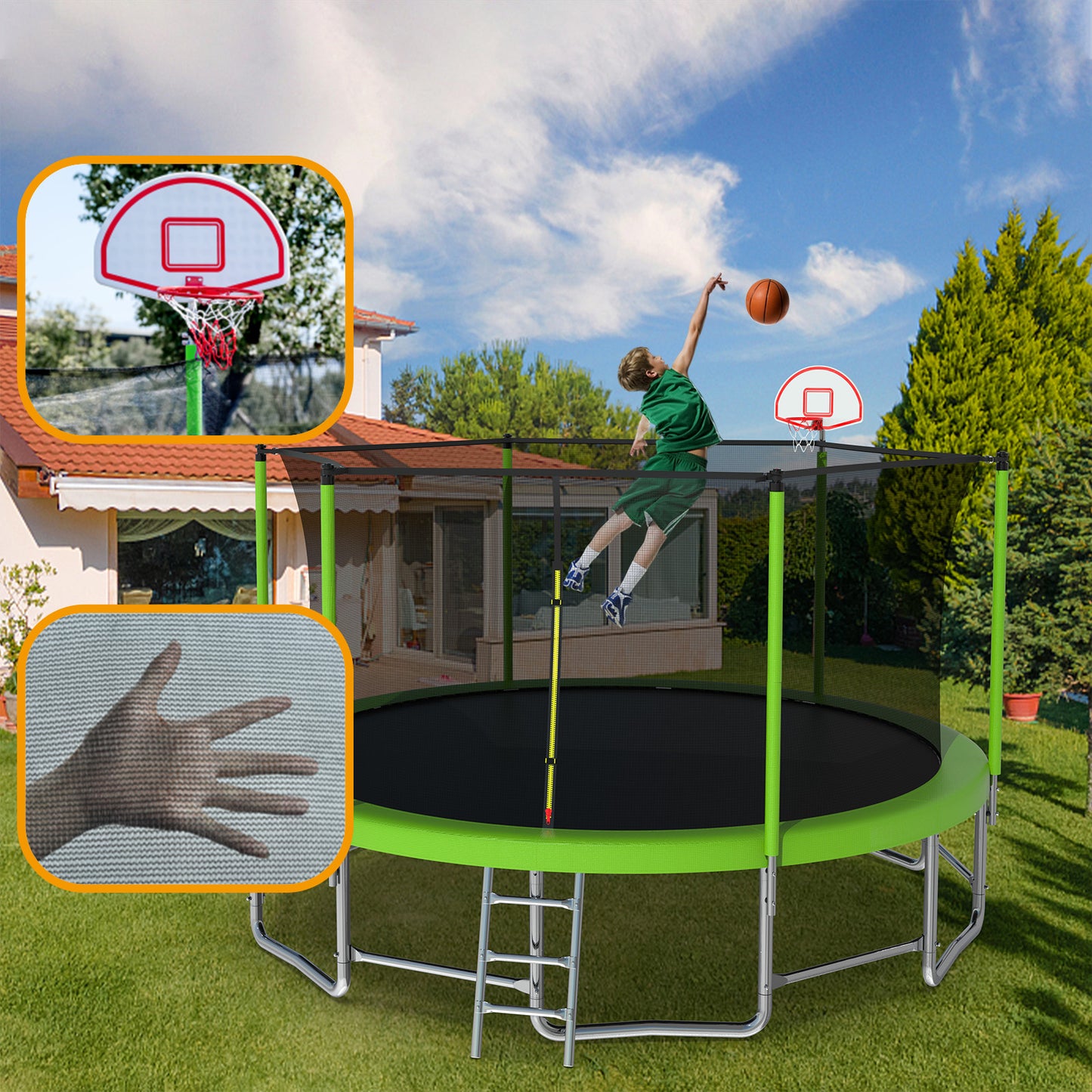 16FT Outdoor Trampoline with Safety Enclosure Net, Heavy-Duty 1320lbs Capacity Backyard Trampoline, Recreational Trampoline with Basketball Hoop, Ideal for Children, Kindergarten, Green