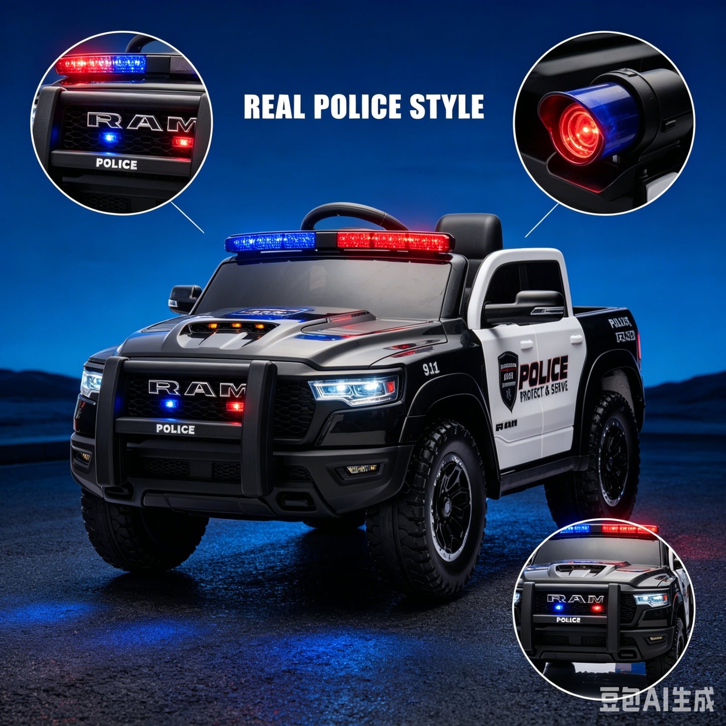 Police Car Ride on, SHINPT RAM1500 RHO Kids Electric Police Car with Parent Remote Control, 12V Powered Toddler Ride on Toy with Siren Lights, Single Seat, 1-3MPH Safe Speed for Boys Girls Ages 3-8