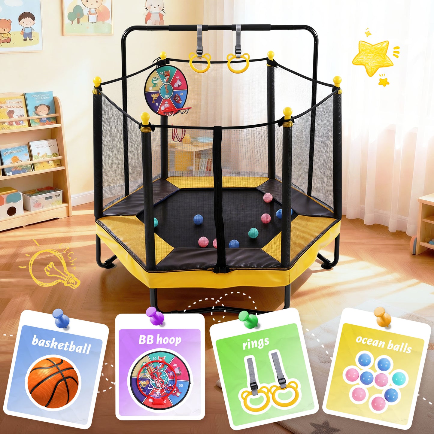 54in Mini Trampoline for Kids, SHINPT Toddler Trampoline Indoor/Outdoor, Kids Trampoline for Toddlers with Basketball Hoop, Recreational Trampoline with Gymnastics Bar, Indoor Trampoline for Toddlers