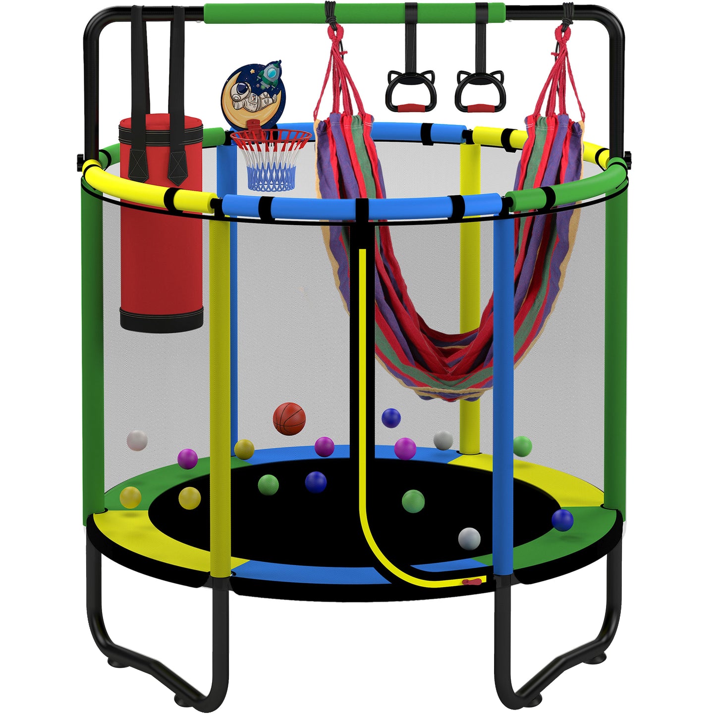 55" Toddler Trampoline for Kids with Basketball Hoop, SHINPT Indoor Outdoor Kids Trampoline with Enclosure, Swing, Sandbag, Ring, Gymnastics Bar, Ocean Balls, Small Trampoline Gift for Boys Girls