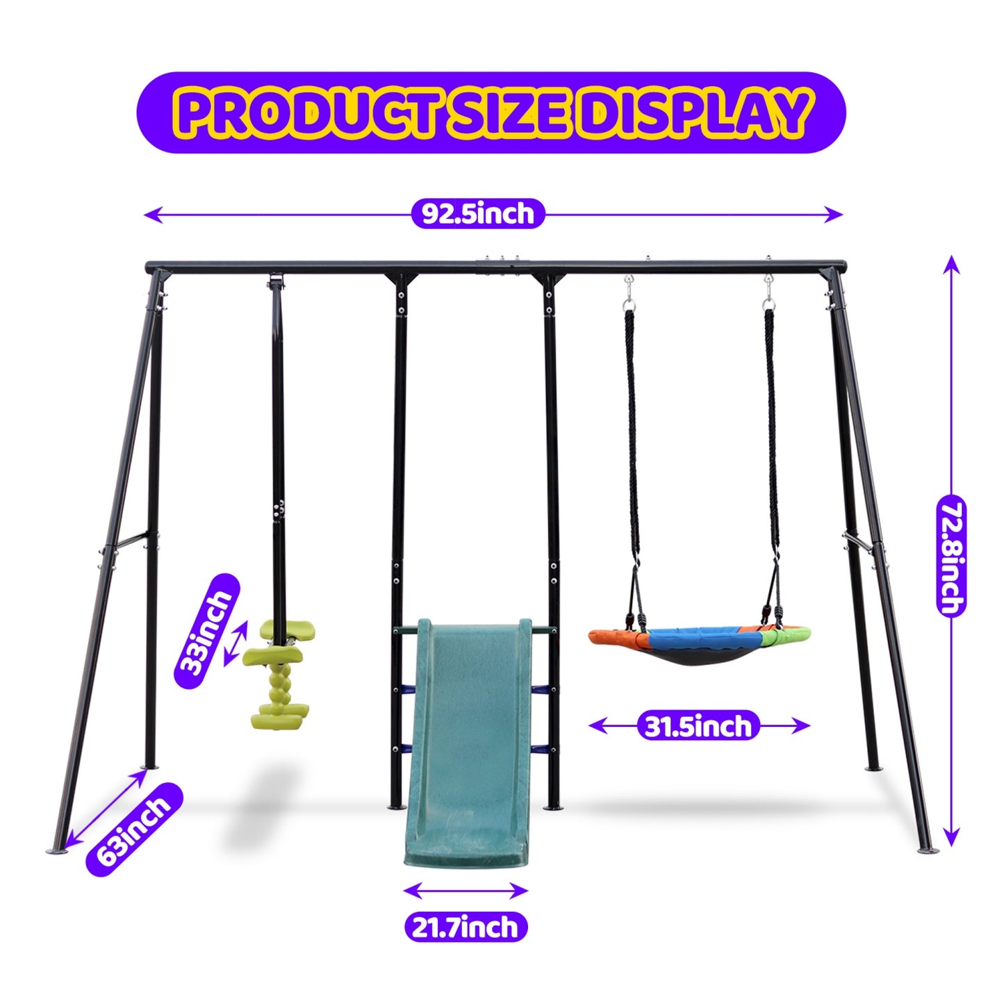 Swing Sets for Backyard, SHINPT 3 in 1 Metal Swing Set with Slide and Glider, Toddler Swing Set with Saucer Swing for Age 3-10, Playground Swingset Outdoor with 550Lbs Capacity, Easy to Assemble