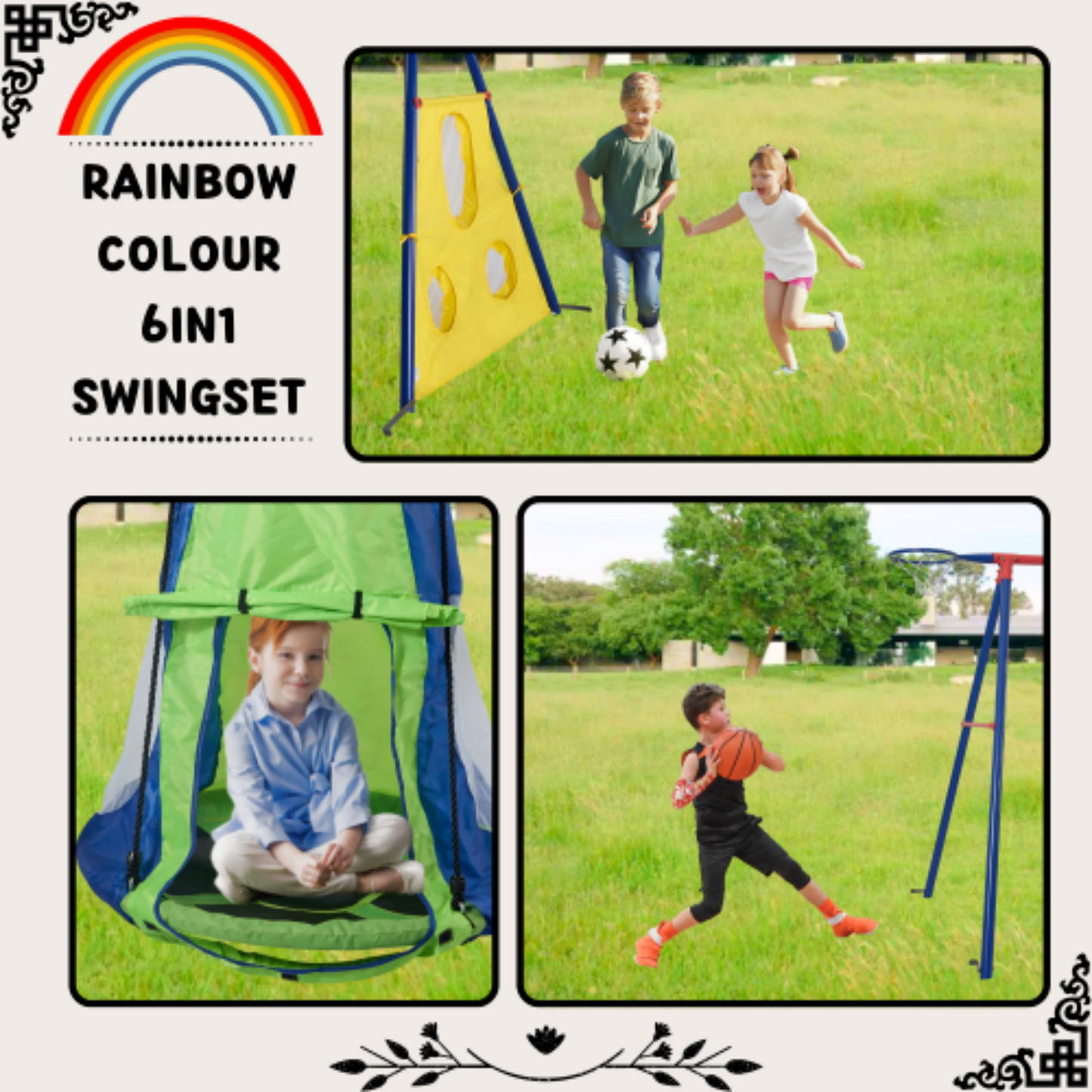 Yardmaster 6in1 Swing Sets for Backyard, Rainbow Colour Kids Swingset with Climbing Ladder and Basketball Hoop, Padded Saucer Swing with Soccer Net and Two Facing Swings