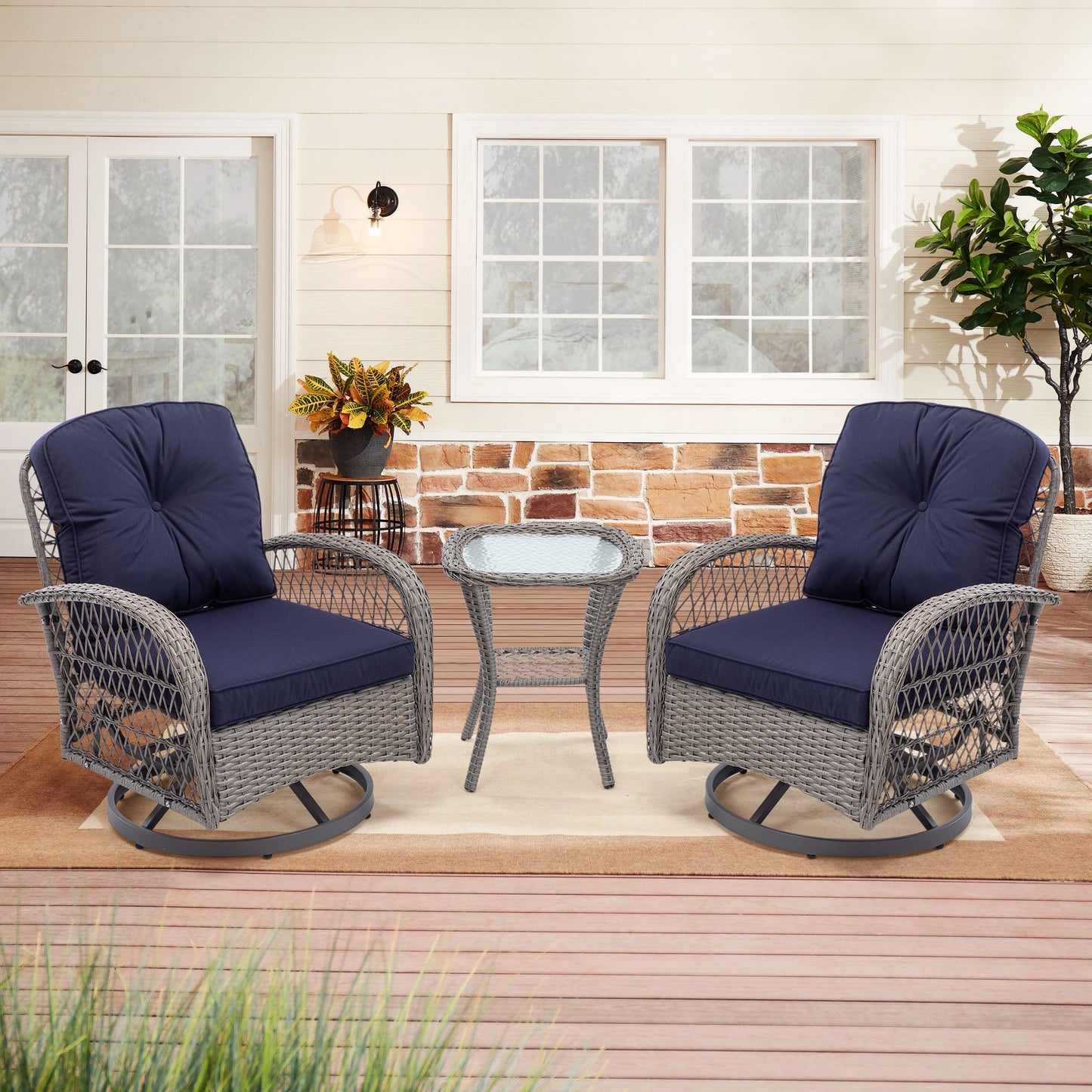 BTMWAY 3 Pieces Outdoor Swivel Rocker Patio Chairs, 360 Degree Rocking Patio Conversation Set with Thickened Cushions and Glass Coffee Table for Backyard
