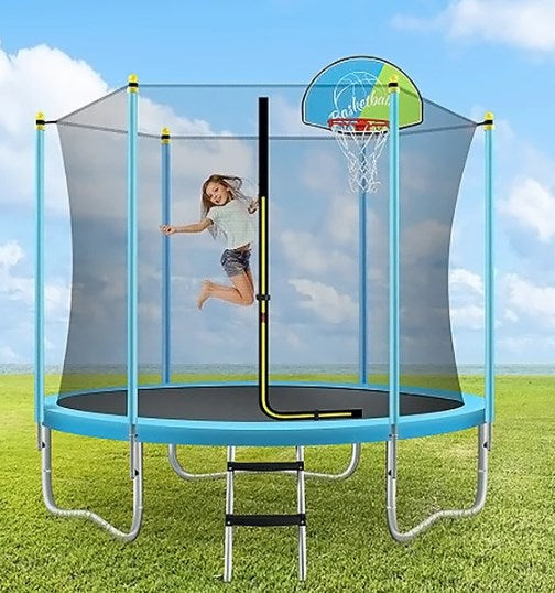 8FT Outdoor Trampoline with 220Lbs Load Capitly for Kids & Adults, Shinpt Heavy Duty Backyard Metal Trampoline with Enclosure Net, Safe Padded Frame, 4 Legs and 8 Poles, Blue