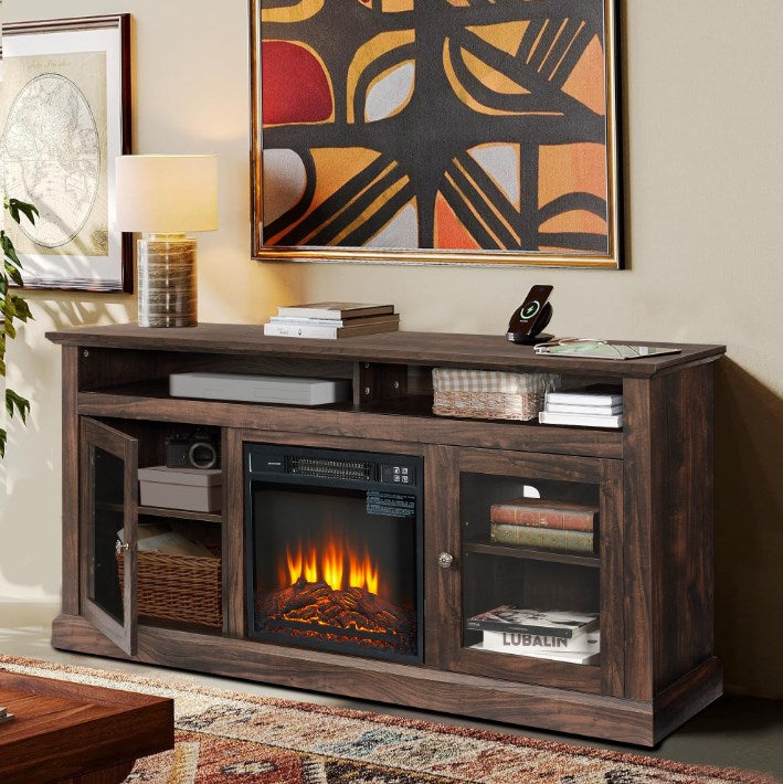 Fireplace TV Stand with Storage, for TVs up to 65 Inches, Entertainment Center with Fireplace, Media Console Cabinet for Living Room, 60 Inch, Brown