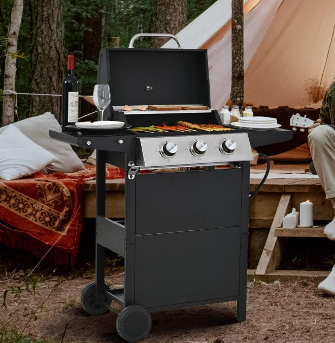 Shinpt 3 Burner BBQ Propane Gas Grill with Side Burner and Thermometer, 37,150 BTU Patio Garden Barbecue Grill with Two Foldable Shelves for Outdoor BBQ and Camping (3 Burner+Side Burner)