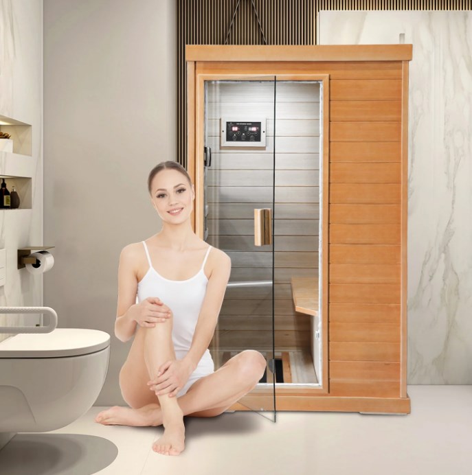 Infrared Sauna with Bluetooth Music Player, Home Sauna with Ambient Light and sole control, Indoor Sauna with Top Socket and White Down Lamp, Light Brown, 3’ x 2.3’ x 5.2’