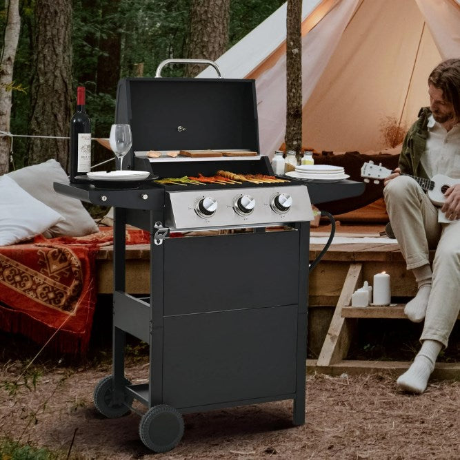 Shinpt 3 Burner BBQ Propane Gas Grill with Side Burner and Thermometer, 37,150 BTU Patio Garden Barbecue Grill with Two Foldable Shelves for Outdoor BBQ and Camping (3 Burner+Side Burner)