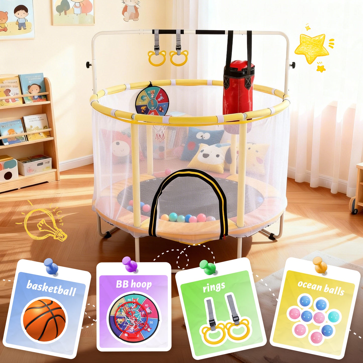 54in Mini Trampoline for Kids, SHINPT Toddler Trampoline Indoor/Outdoor, Kids Trampoline for Toddlers with Boxing Bag, Recreational Trampoline with Gymnastics Bar, Indoor Trampoline for Toddlers