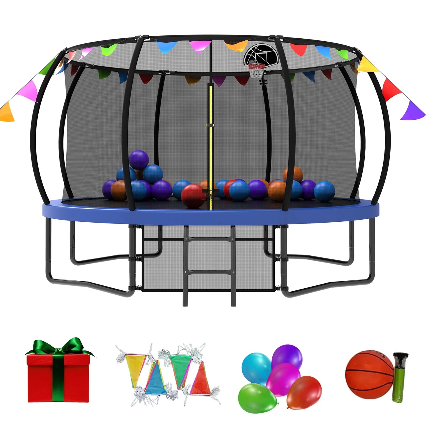 SHINPT 12FT Outdoor Trampoline for Kids & Adults, Rebounder Pumpkin Trampolines with Safety Net, Ladder, Coating Metal Frame, Flag Parts, Recreational Large Backyard Trampoline for Garden, Park