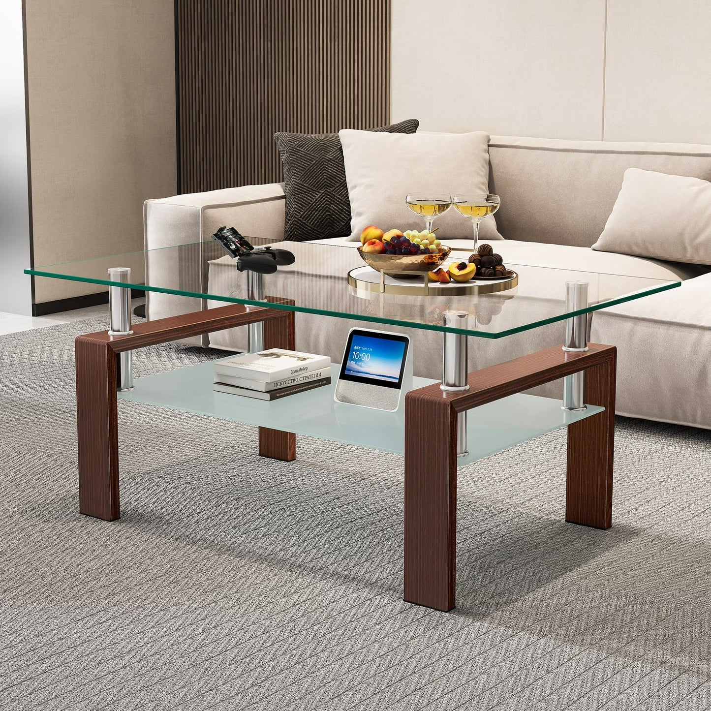SHINPT Glass Coffee Table with Storage, Rectangle Coffee Table with Metal Legs for Living Room, Modern Coffee Table with Tempered Glass Tabletop, Center Table for Small Apartment, Office