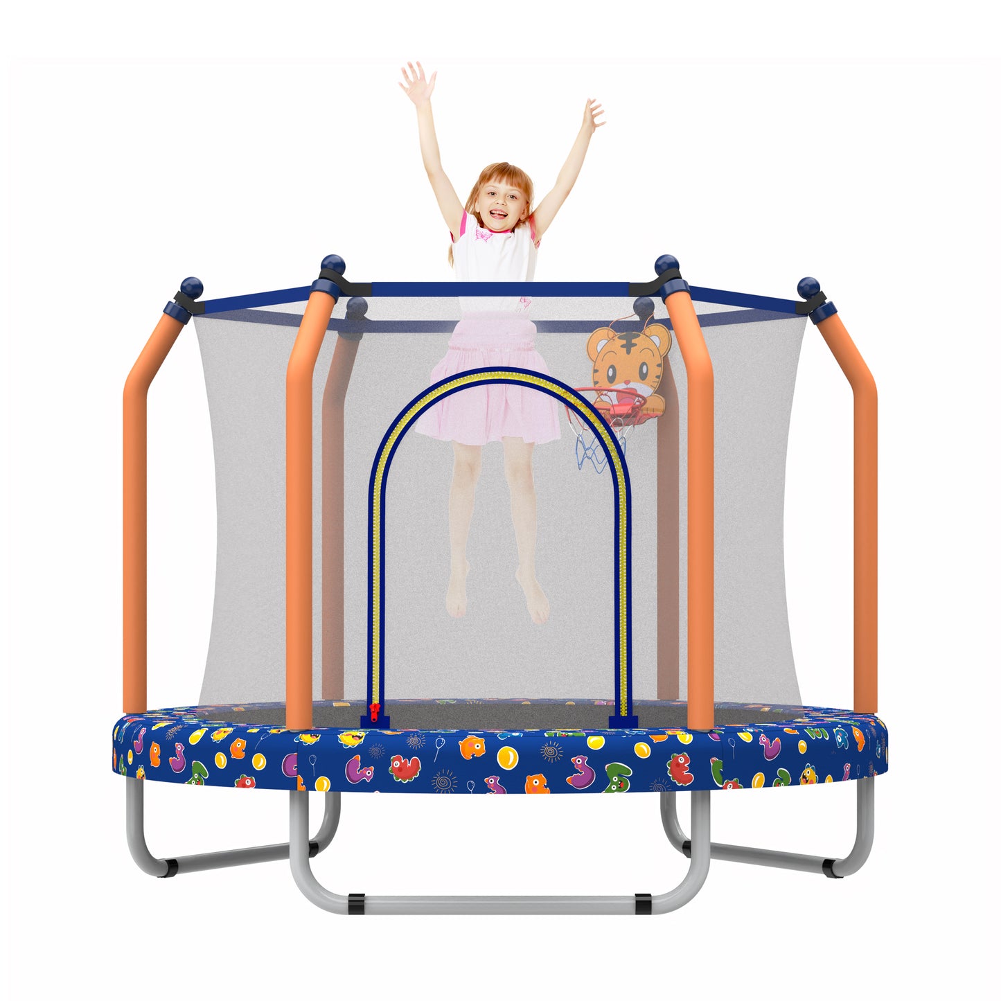 55" Toddler Trampoline Indoor/Outdoor for Kids, Shinpt Mini Trampoline for Backyard, Recreational Trampoline with Basketball Hoop, Outdoor Toddler Toy with Enclosure Net, Indoor Bounce House for Gift