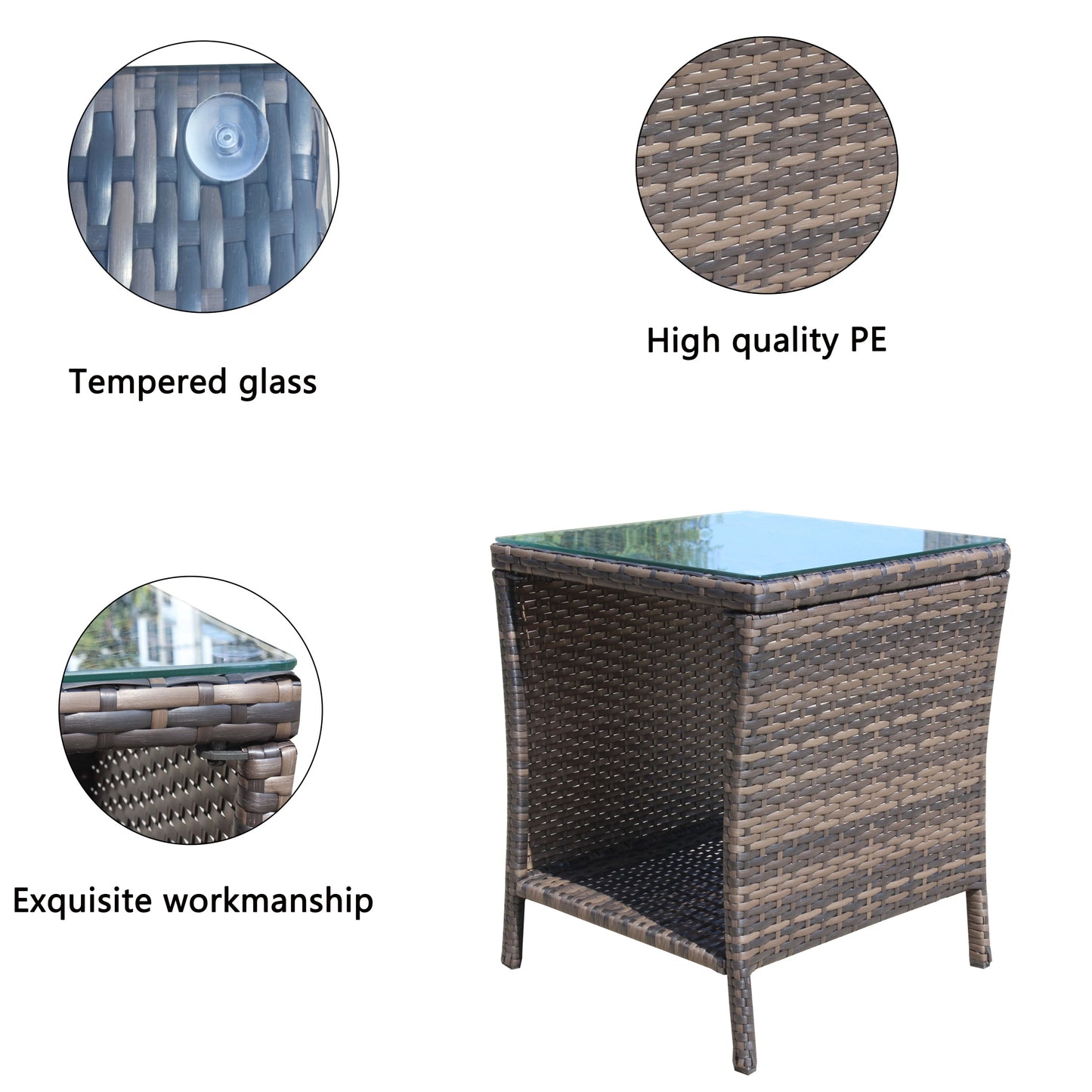 Side Table Outdoor for Backyard, SHINPT Outdoor Table with Storage, Wicker Side Table with Clear Tempered Glass, Glass Side Table for Yard, Lawn, Outdoor Square Coffee Table for Patio, Garden