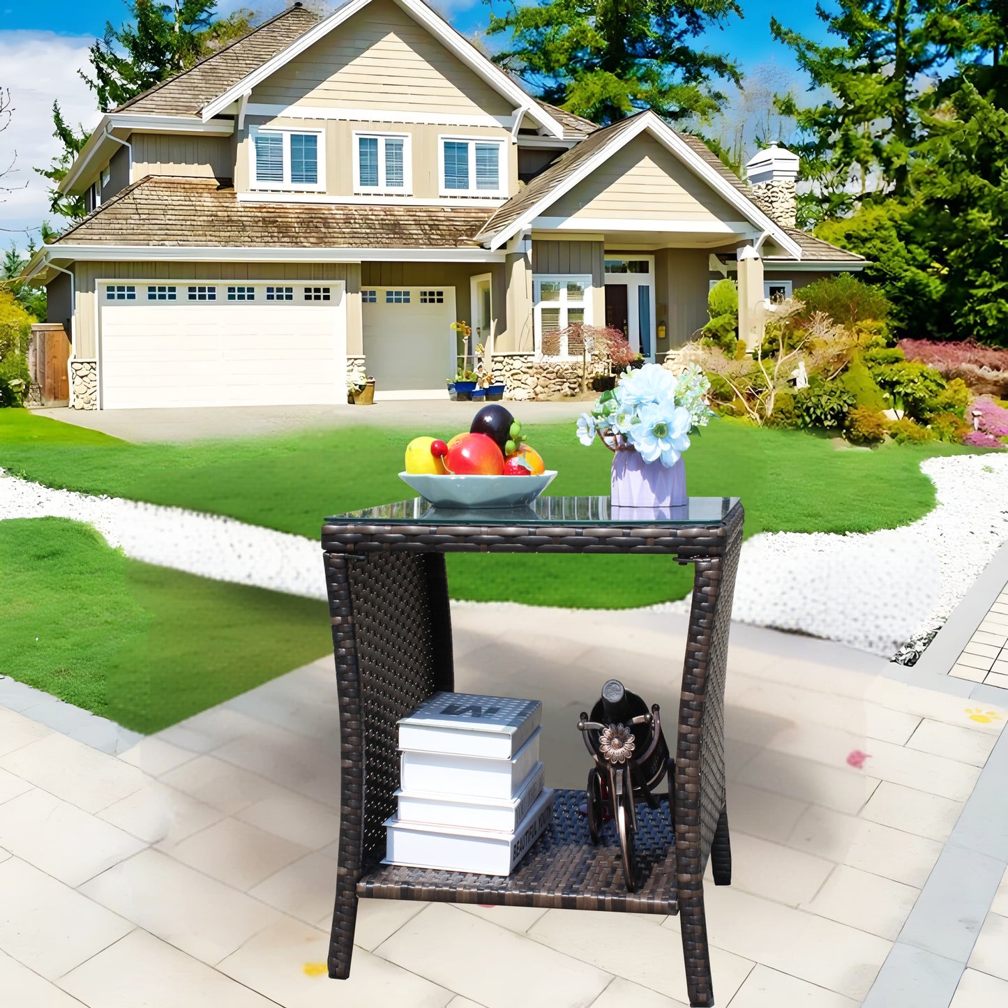 Side Table Outdoor for Backyard, SHINPT Outdoor Table with Storage, Wicker Side Table with Clear Tempered Glass, Glass Side Table for Yard, Lawn, Outdoor Square Coffee Table for Patio, Garden