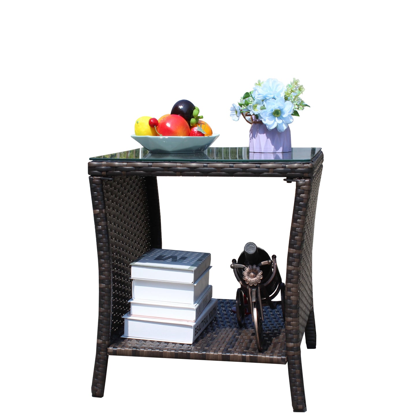 Side Table Outdoor for Backyard, SHINPT Outdoor Table with Storage, Wicker Side Table with Clear Tempered Glass, Glass Side Table for Yard, Lawn, Outdoor Square Coffee Table for Patio, Garden
