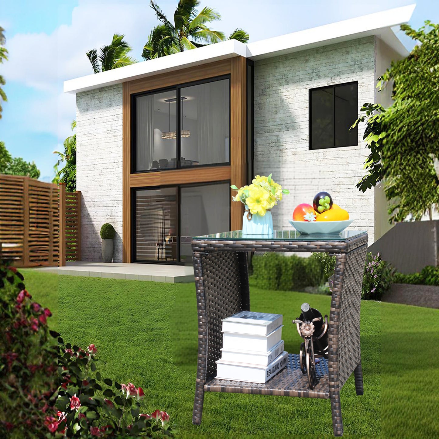 Side Table Outdoor for Backyard, SHINPT Outdoor Table with Storage, Wicker Side Table with Clear Tempered Glass, Glass Side Table for Yard, Lawn, Outdoor Square Coffee Table for Patio, Garden