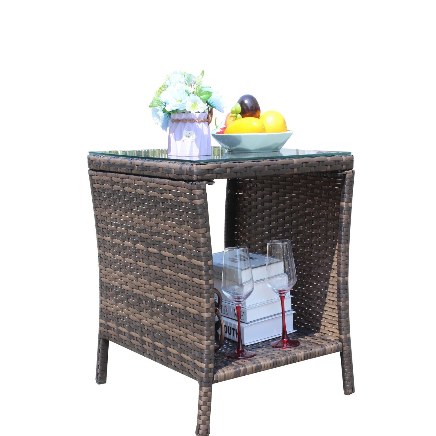 Side Table Outdoor for Backyard, SHINPT Outdoor Table with Storage, Wicker Side Table with Clear Tempered Glass, Glass Side Table for Yard, Lawn, Outdoor Square Coffee Table for Patio, Garden