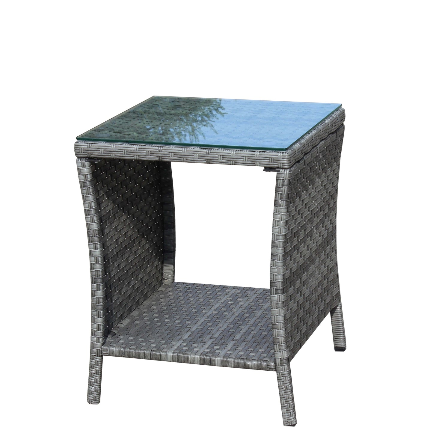 Side Table Outdoor for Backyard, SHINPT Outdoor Table with Storage, Wicker Side Table with Clear Tempered Glass, Glass Side Table for Yard, Lawn, Outdoor Square Coffee Table for Patio, Garden