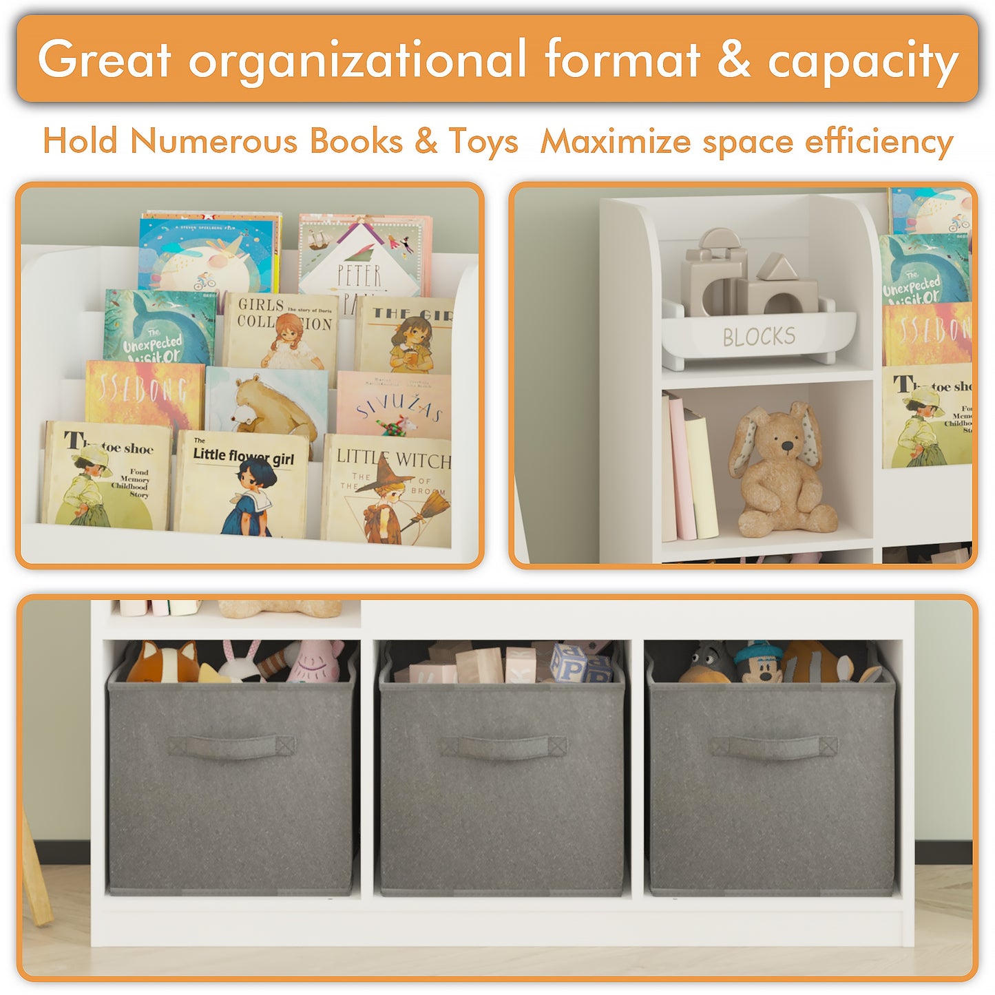 Toy Bins for Kids Organizer, SHINPT Small Bookshelf for Kids, Toddler, Kids Bookshelf and Toy Storage, Nursery Bookshelf with Fabric Drawers, Kids Book Storage for Bedroom, Playroom, Livingroom