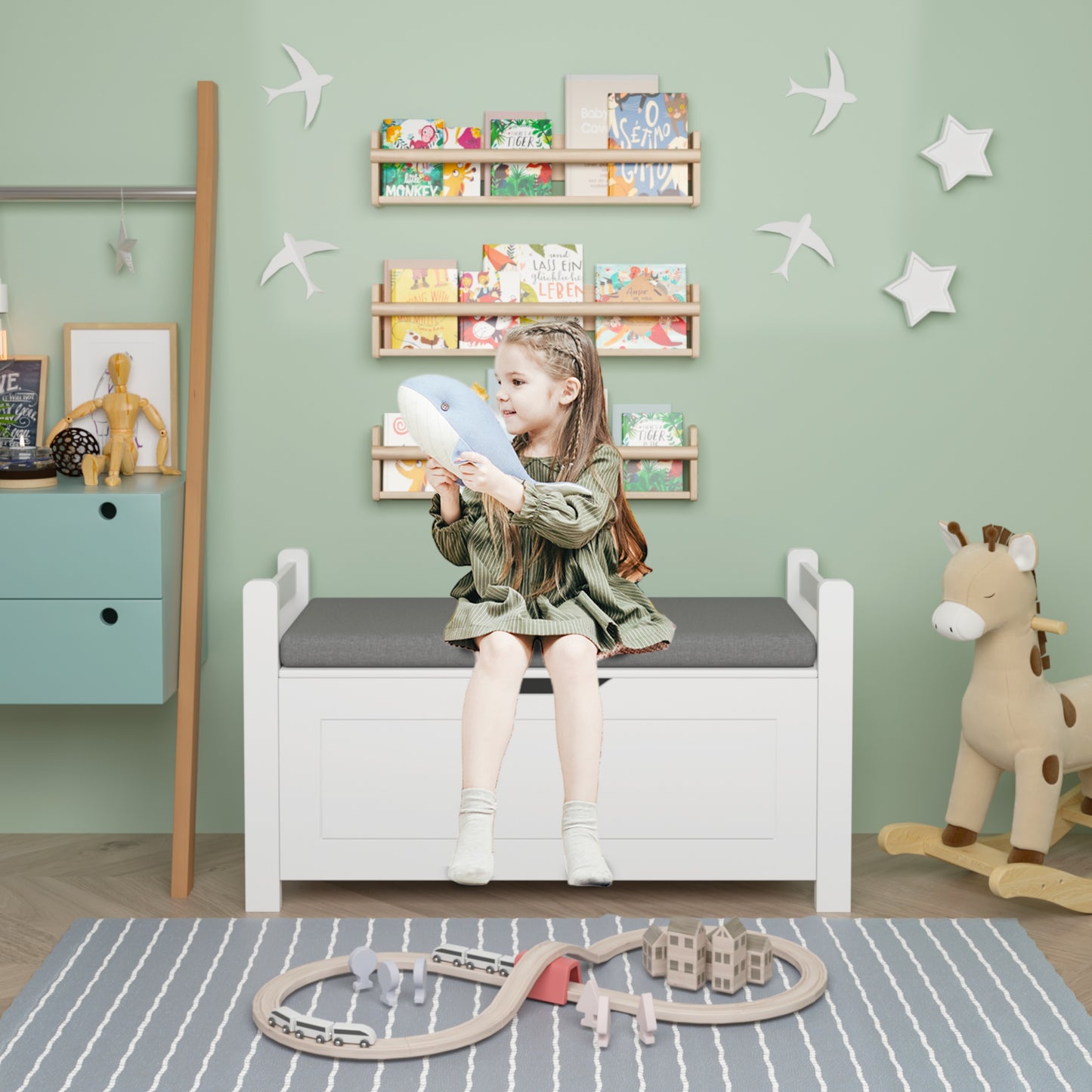 Kids Toy Chest for Boys and Girls, SHINPT Kids Toy Storage, Wooden Toy Box Storage with Lid, White Toy Box with Safety Hinges, Toy Chest Bench for Bedroom, Stylish Storage Organizer for Toys