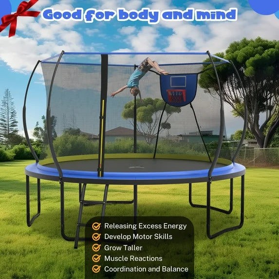 SHINPT 12ft Trampoline for Kids, Outdoor Trampoline with Basketball Hoop, Recreational Trampolines with 6 Curved Poles, Heavy Duty Trampoline with No-gap Design, Kids's Play Ground Outdoor