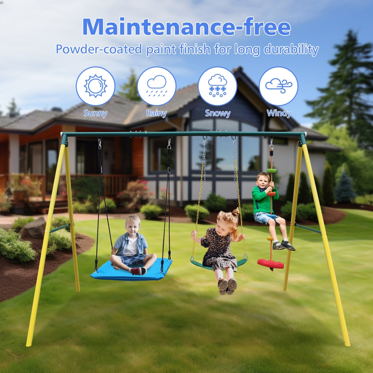 Metal Swing Set for Backyard, Small Swing Sets for Kids Aged 3-12, 3in1 Toddler Swing Set with Climbing Rope, Belt Swing and Saucer Swing for Playground, Garden, Park, 300lbs Capacity