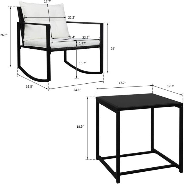 Shinpt 3-Piece Patio Furniture Set with Single 2pcs Coffee Table 1pc Exposed Rocking Chair, Modern Bistro Set Rattan Chair Conversation Sets for Garden and Patio, White Cushion and Black Table