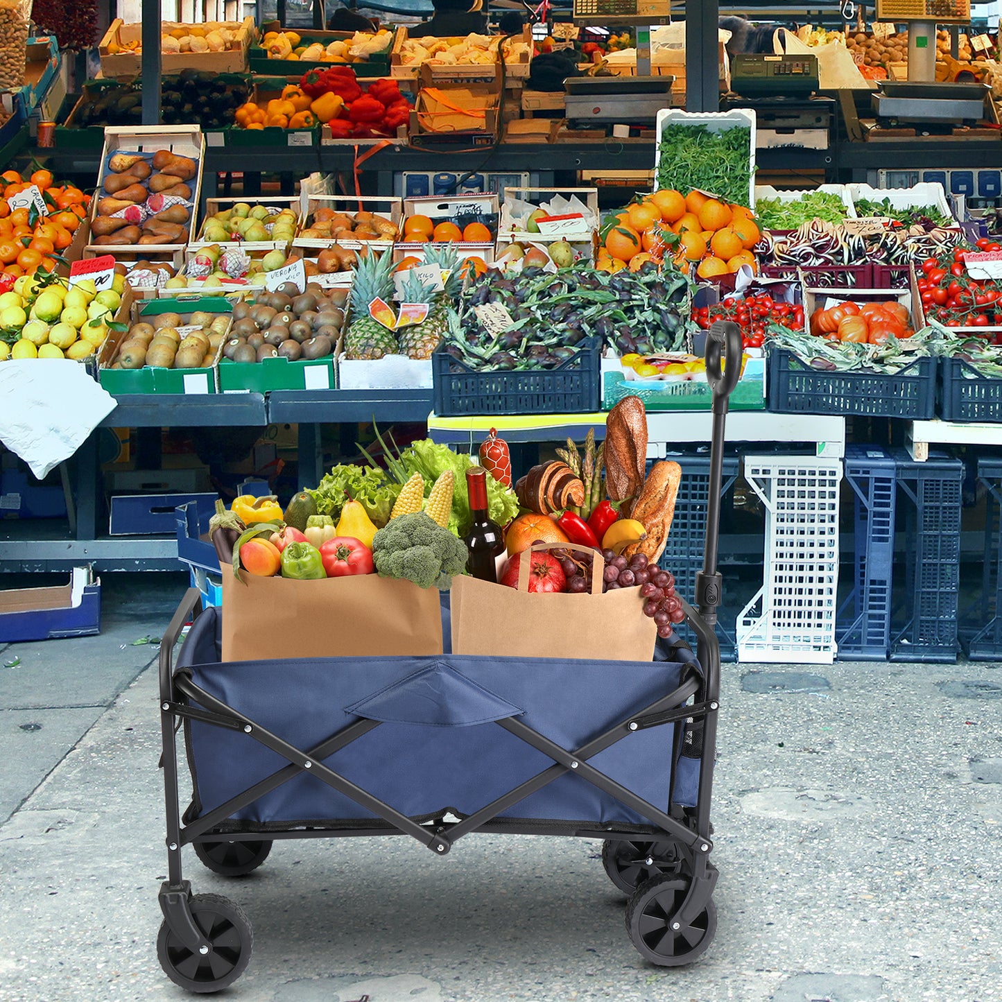 SHINPT Wagon Cart with Wheels Foldable, Folding Wagons Carts with Silent Universal Wheels, Large Grocery Cart On Wheels, Heavy Duty Utility for Shopping Beach Sports Fishing Camping, Grey