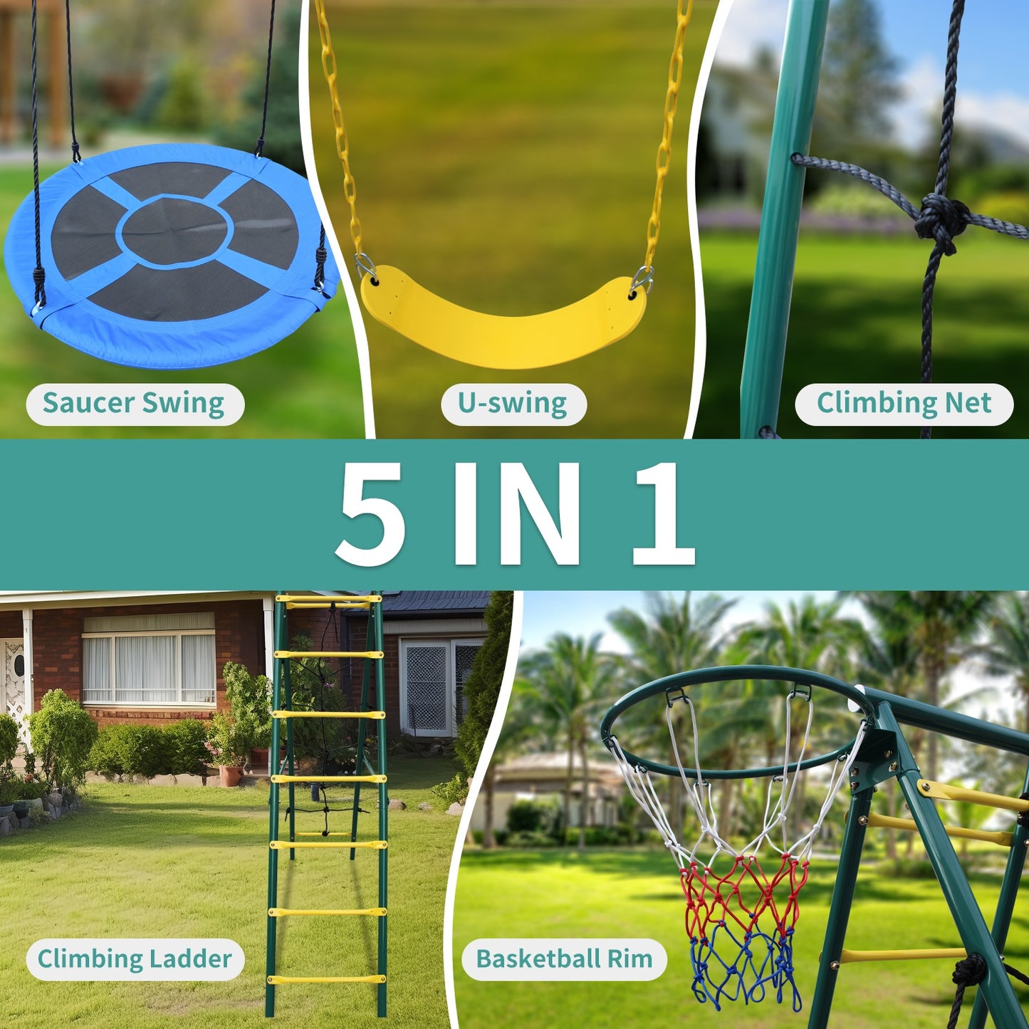 5 in 1 Swing Sets for Backyard, SHINPT Kids Outdoor Playground Equipment with Saucer Swing, A-Frame Heavy Duty Metal Swing Set with Climbing Ladder and Basketball Hoop for Age 3-8, 400 lbs Capacity