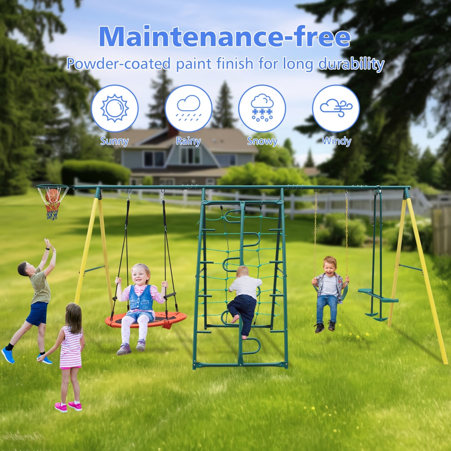 6in1 Swing Set for Outside, Heavy Duty A-Frame Metal Swing Set with Glider, Basketball Hoop, Climbing Frame, Climbing Net, Hammock Swing and Belt Swing, Backyard Playground Set for Kids Age 3-12
