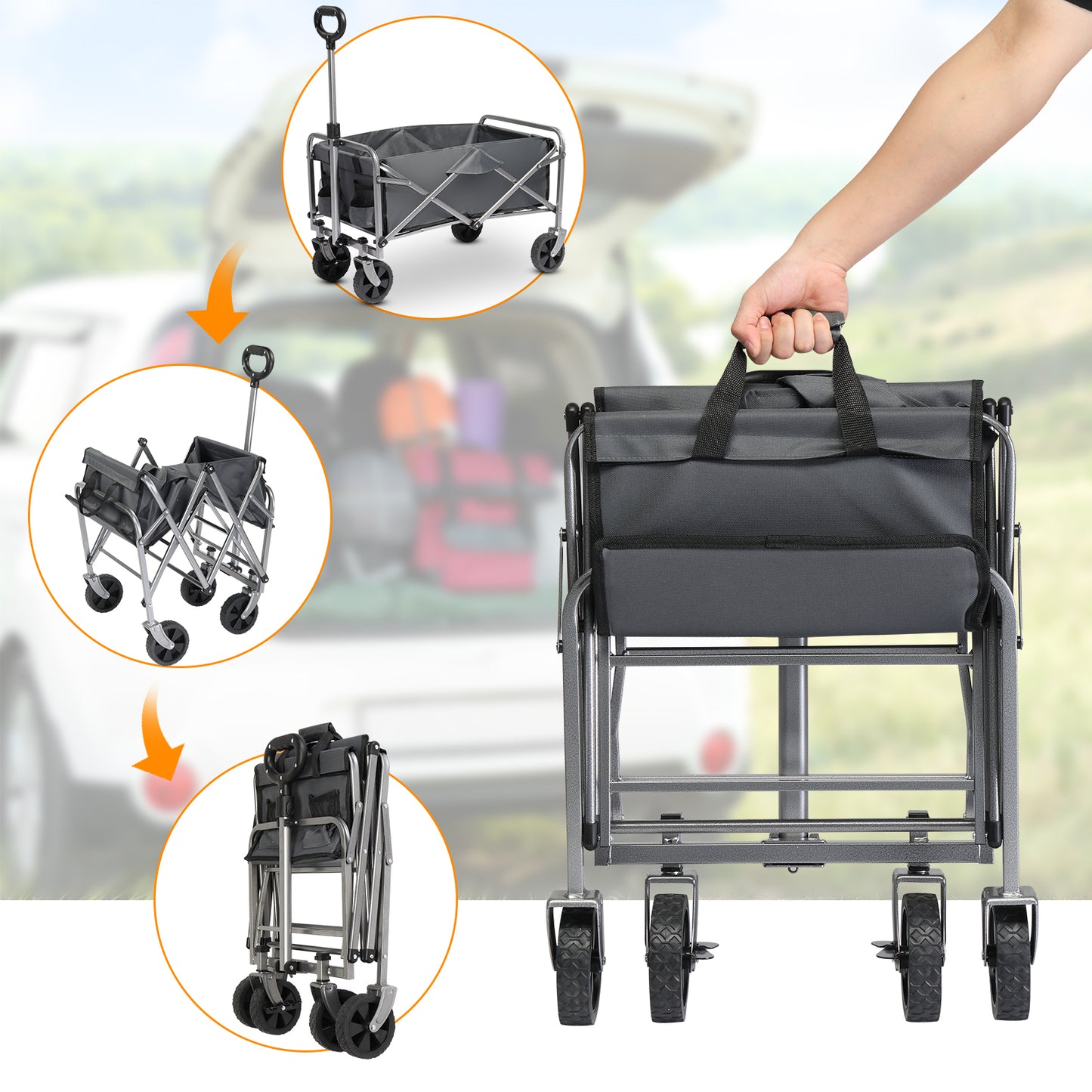 SHINPT Wagon Cart with Wheels Foldable, Folding Wagons Carts with Silent Universal Wheels, Large Grocery Cart On Wheels, Heavy Duty Utility for Shopping Beach Sports Fishing Camping, Grey