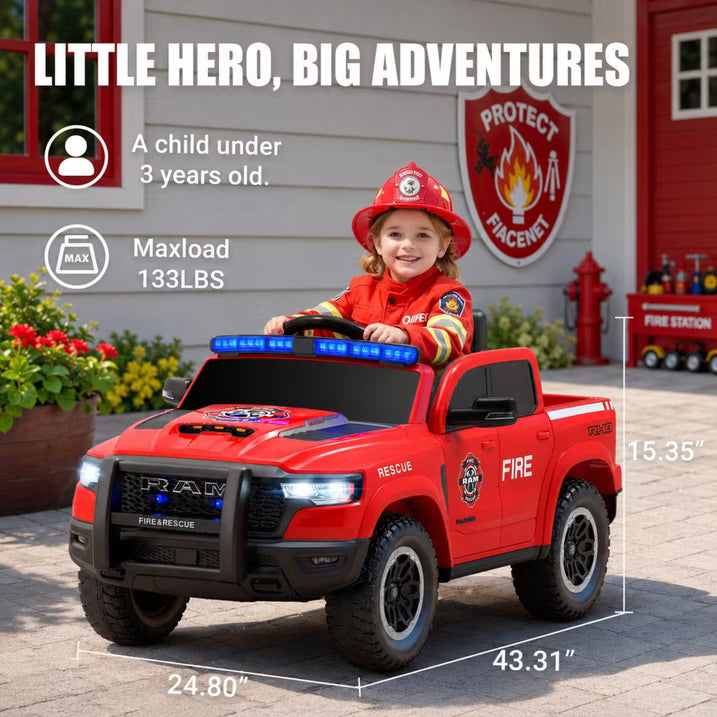 SHINPT Ride on Fire Truck, RAM1500 12V Electric Fire Truck with Parental Remote, Bluetooth & Siren Lights, 44.49”*26.77”*22.44”Red Kids Ride on Car for Boys Girls Ages 3-8, 36.16lbs