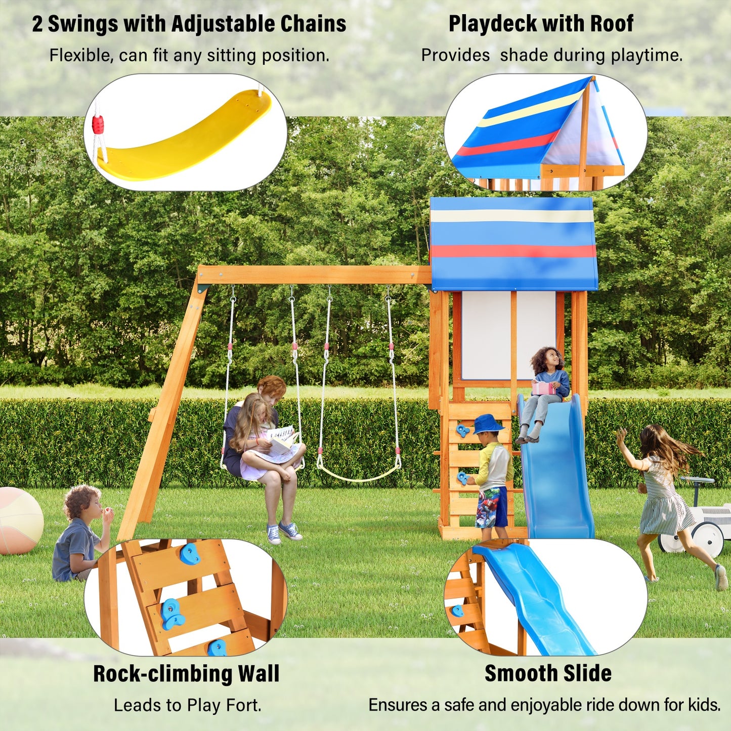 Wooden Outdoor Swing Set, All-in-One Kids Outdoor Play Equipment for Kids Age 3-12 with Wave Slide, 2 Swings, Climbing Wall, Canopy Roof and Ladder, Kids Playground for Backyard, Garden, Park