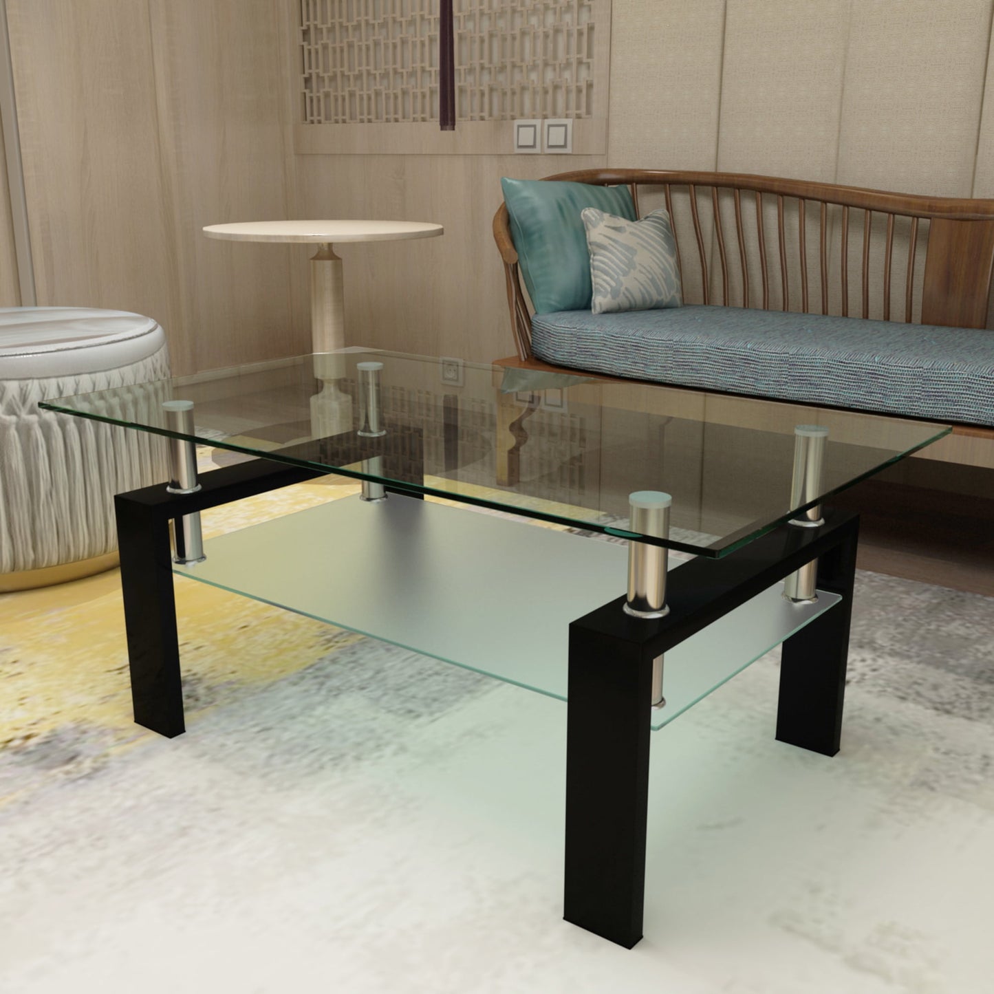 SHINPT Rectangle Coffee Table with Storage, Glass Coffee Table with Metal Legs for Living Room, Modern Coffee Table with Tempered Glass Tabletop, Center Table for Small Apartment, Office