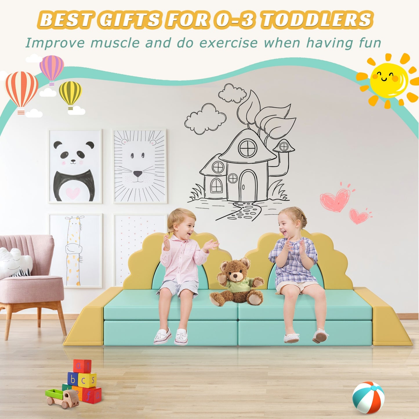 10PCS Modular Kids Play Couch with Climbing Slope, PU Leather Toddler Couch Sofa for Baby Indoor, Climbing Toys for Toddlers 1-3 Inside, Soft Foam Climbing Blocks for Infant, Kids, Pre-school