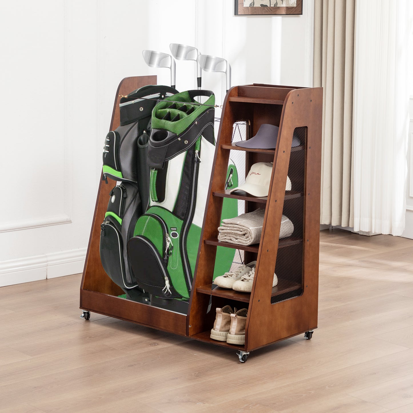 Wooden Golf Bag Organizer and Storage Rack, High Quality Wooden 2 Golf Bag Rack with Drawers, Easy to Assemble Golf Club Holder/Stand with Club Holders on Side,Black