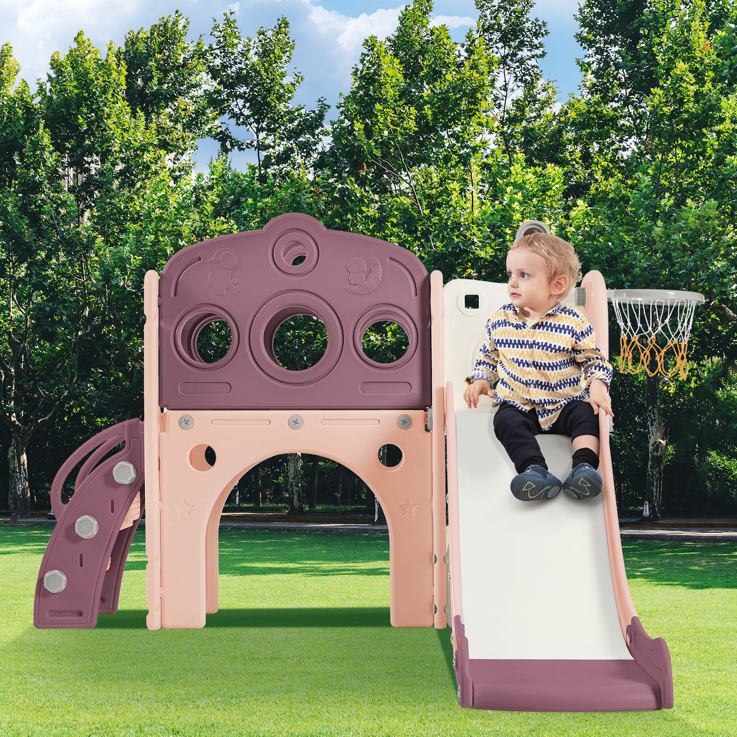7 in 1 Toddler Slide Set, Freestanding Spaceship Set with Slide, Kids Slide Playset Structure, Arch Tunnel and Basketball Hoop, Toy Storage Organizer for Toddlers, Kids Climbers Playground,Purple
