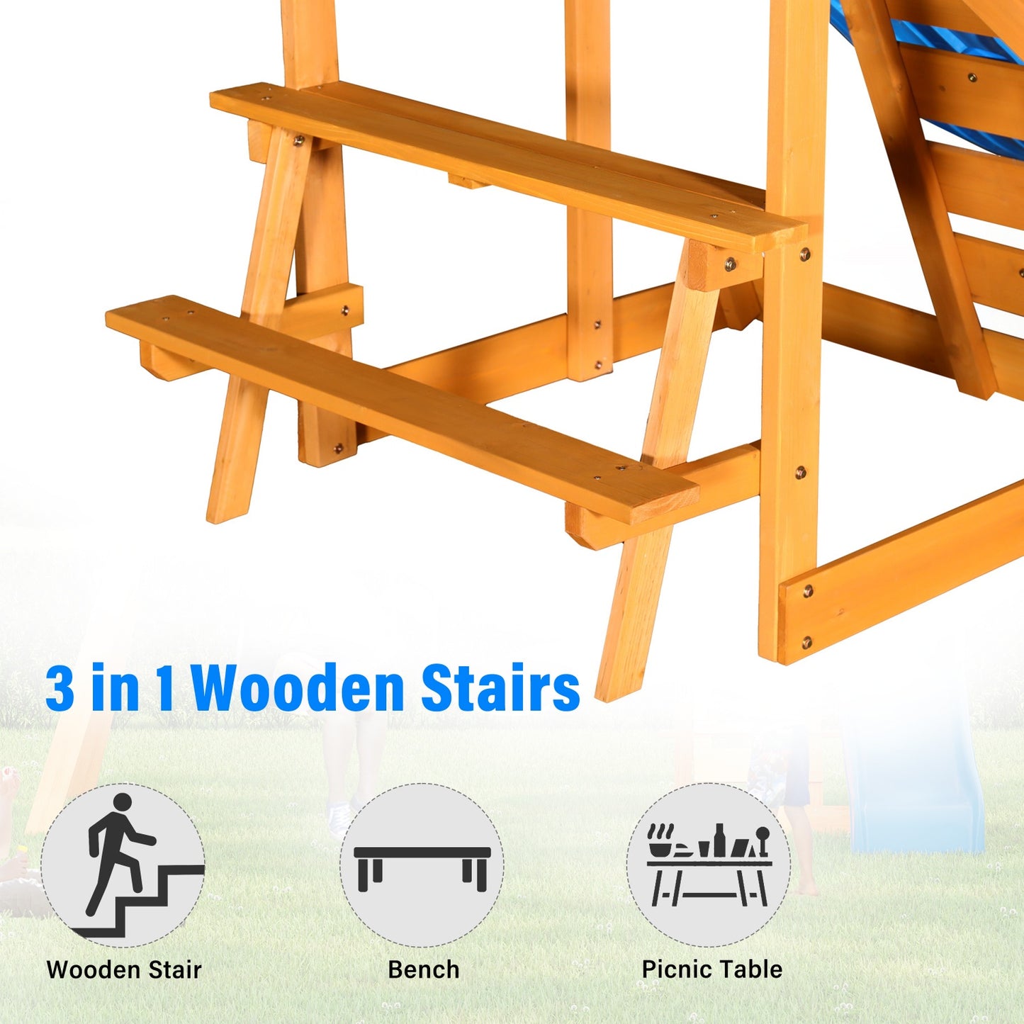 Wooden Outdoor Swing Set, All-in-One Kids Outdoor Play Equipment for Kids Age 3-12 with Wave Slide, 2 Swings, Climbing Wall, Canopy Roof and Ladder, Kids Playground for Backyard, Garden, Park