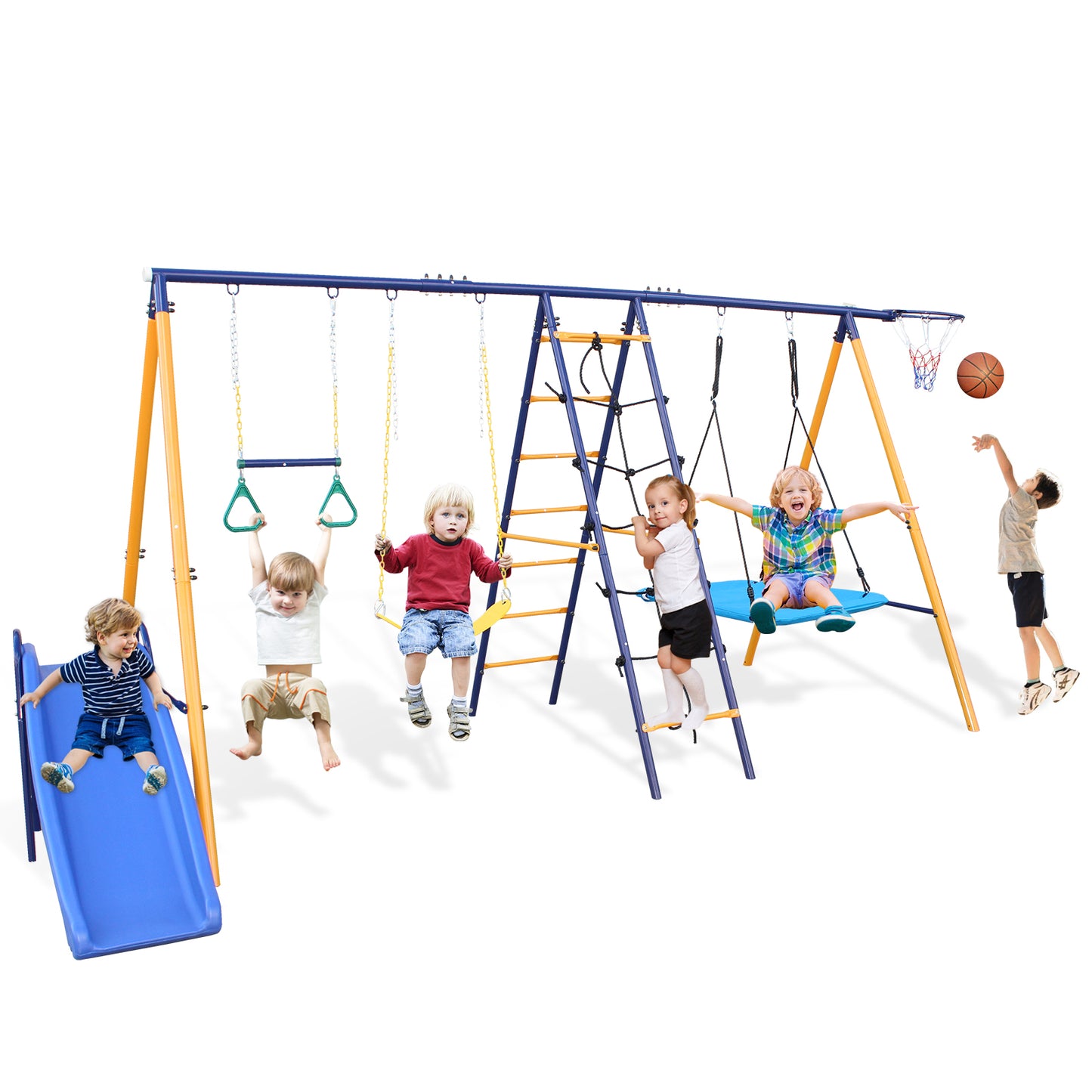 7in1 Swing Set for Outside, Heavy Duty A-Frame Metal Swing Set with Climbing Ladder and Nets, Glider, Basket, Gym Ring, Hammock Swing and Belt Swing, Backyard Playground Set for Kids Age 3-12