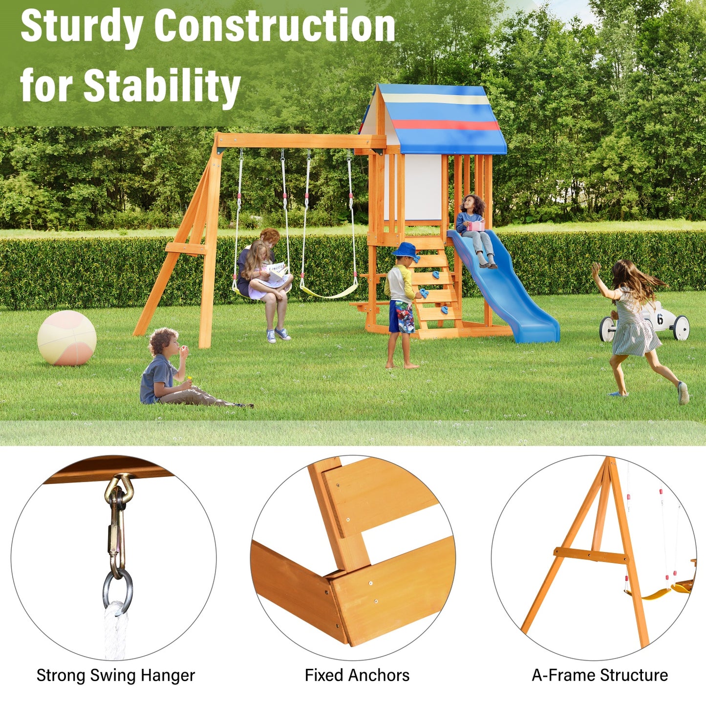 Wooden Outdoor Swing Set, All-in-One Kids Outdoor Play Equipment for Kids Age 3-12 with Wave Slide, 2 Swings, Climbing Wall, Canopy Roof and Ladder, Kids Playground for Backyard, Garden, Park