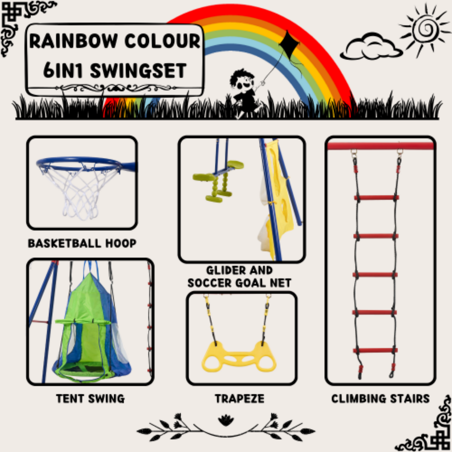 Yardmaster 6in1 Swing Sets for Backyard, Rainbow Colour Kids Swingset with Climbing Ladder and Basketball Hoop, Padded Saucer Swing with Soccer Net and Two Facing Swings