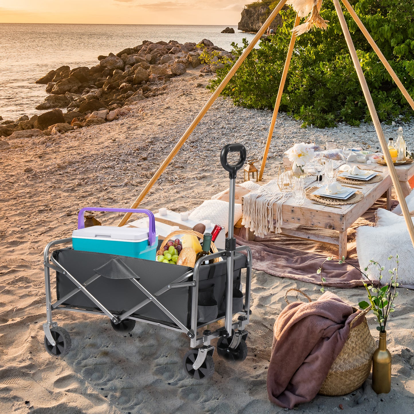 SHINPT Wagon Cart with Wheels Foldable, Folding Wagons Carts with Silent Universal Wheels, Large Grocery Cart On Wheels, Heavy Duty Utility for Shopping Beach Sports Fishing Camping, Grey
