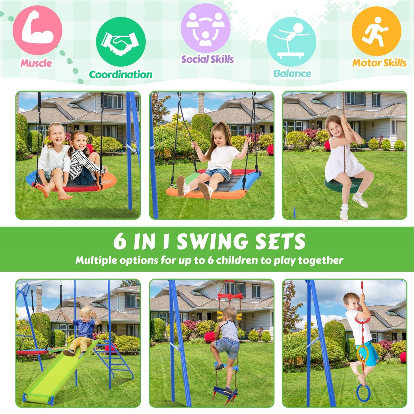 6 in 1 Swing Sets for Kids , BTMWAY Toddle Outdoor Swing Playsets with Climbing Rope Ladder, Disc Swing, Monkey Bar Swing, Slide and Climbing, Saucer Swing, Heavy Duty Swingset Outdoor for Kids 3-10