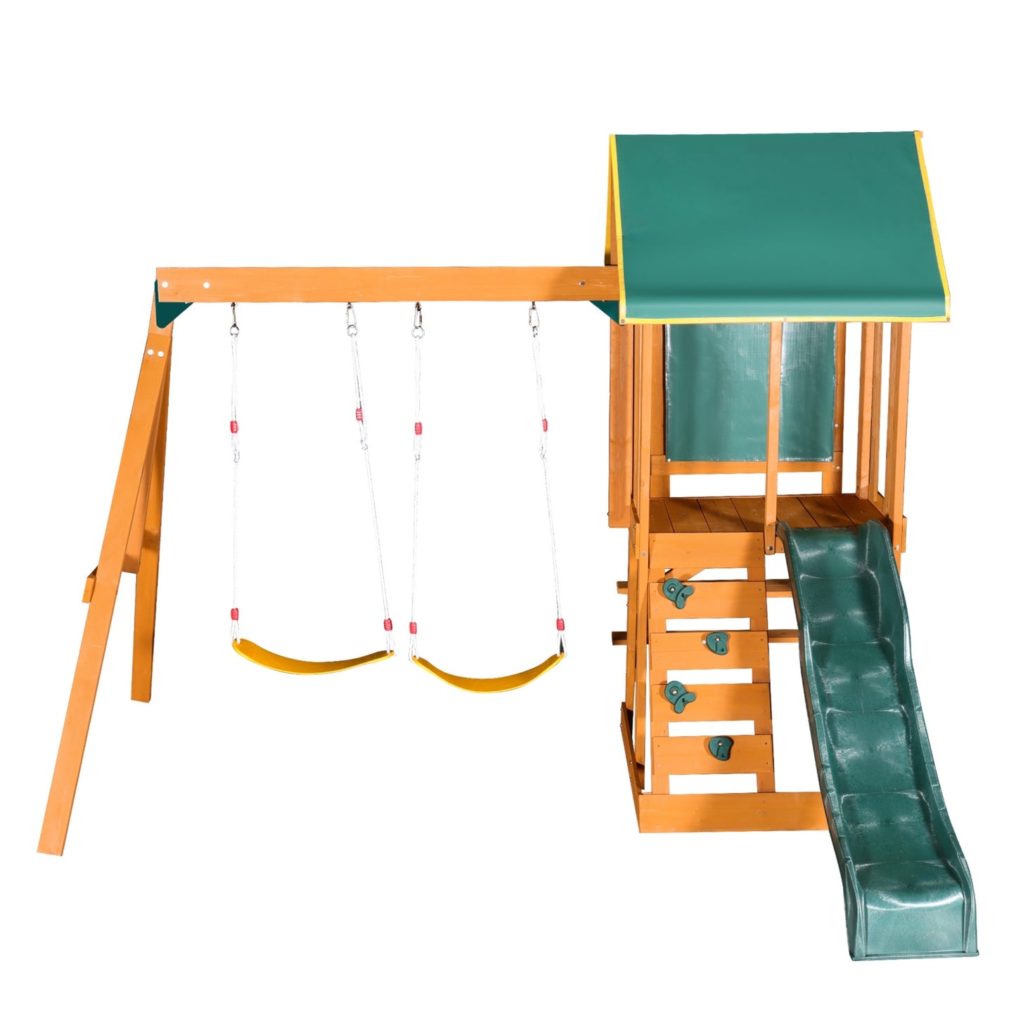 Wooden Outdoor Swing Set, All-in-One Kids Outdoor Play Equipment for Kids Age 3-12 with Wave Slide, 2 Swings, Climbing Wall, Canopy Roof and Ladder, Kids Playground for Backyard, Garden, Park
